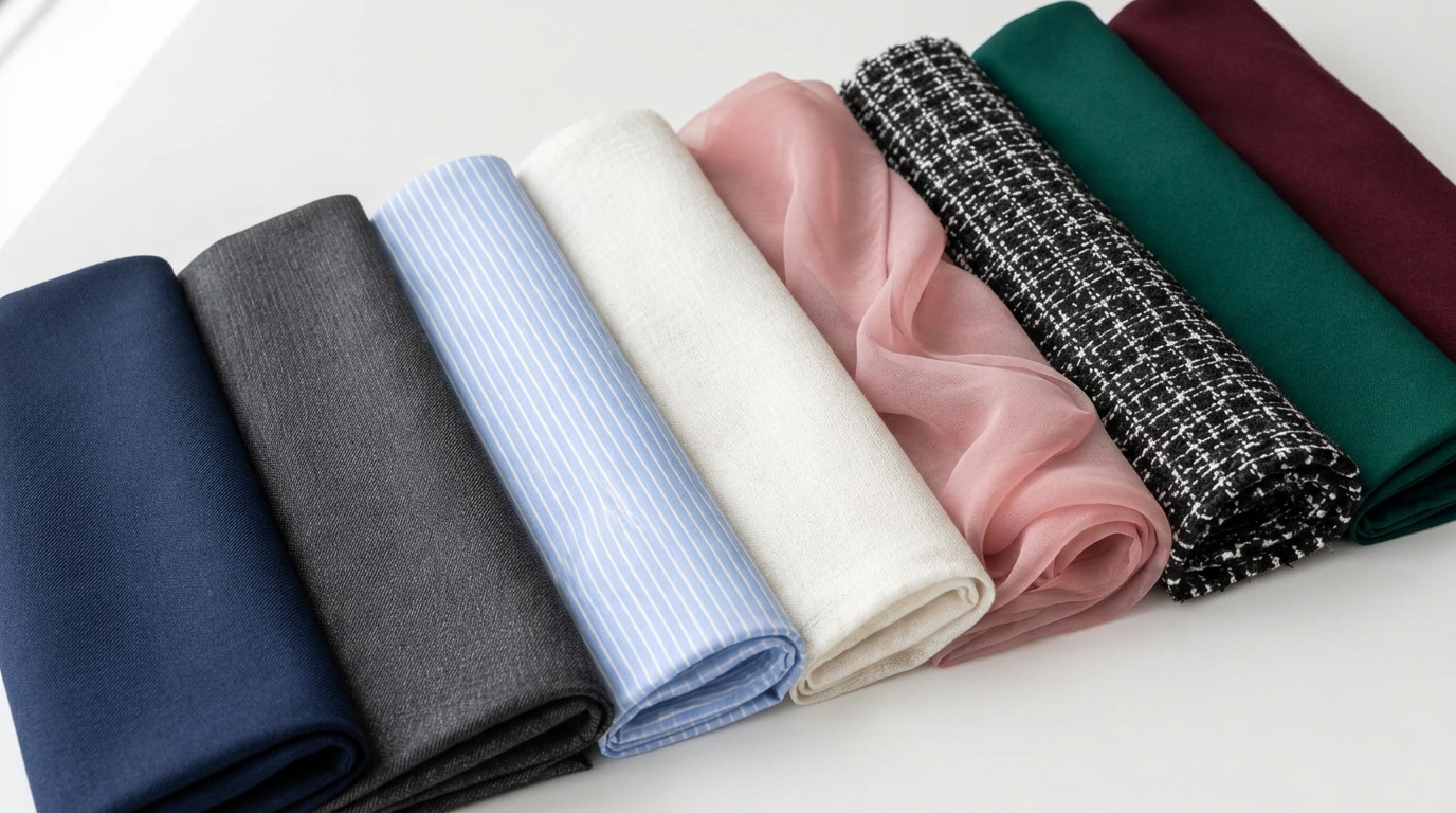 Navy and charcoal suiting, striped shirting, ivory linen, pink chiffon, tweed, emerald crepe and burgundy viscose